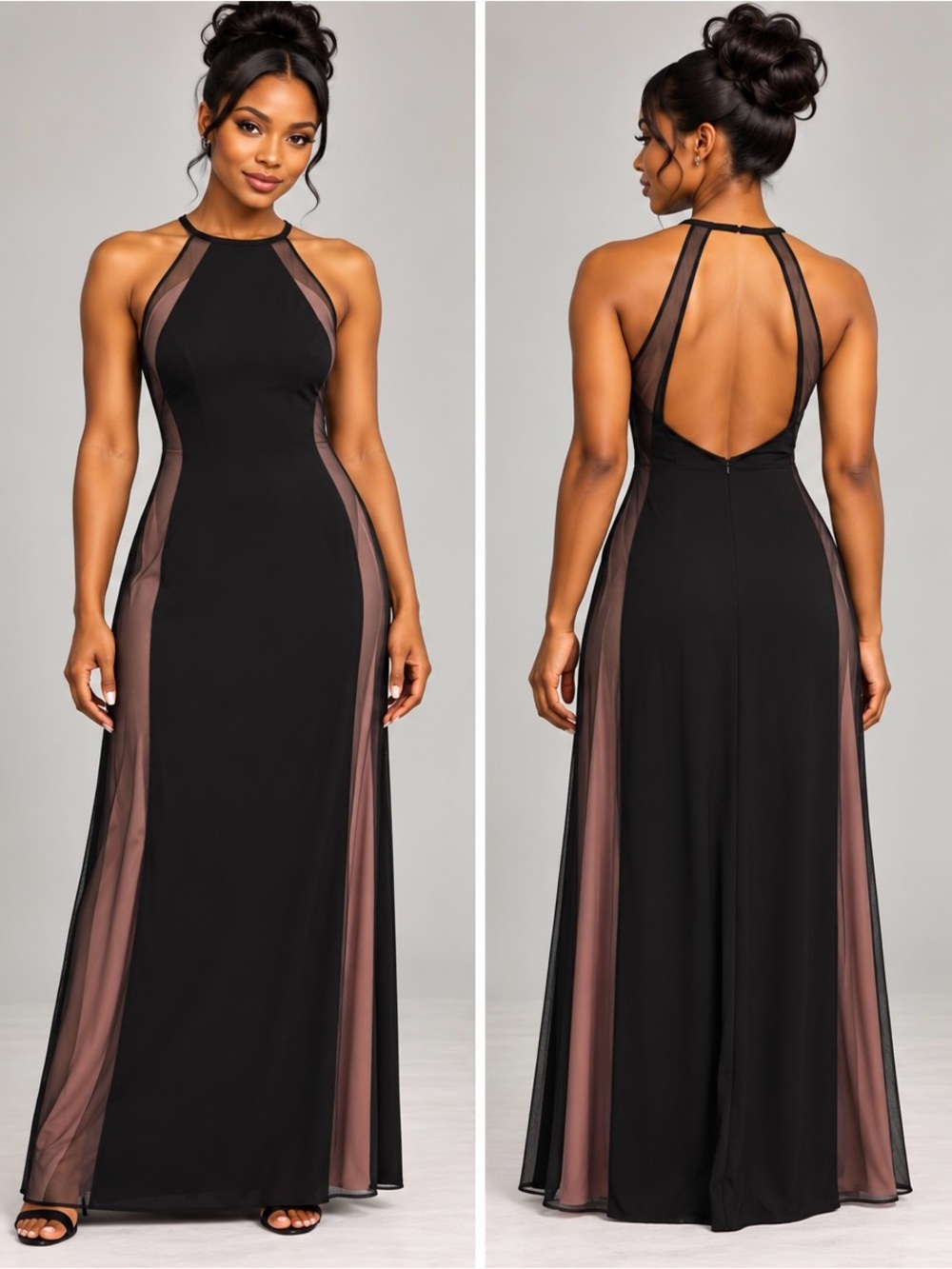 Nightway Black & Mauve Halter Mesh Maxi Dress Size 4P